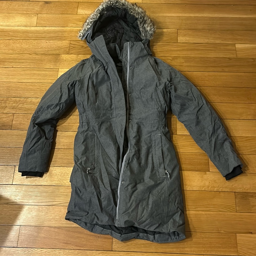 North Face down coat. Dark Grey. Water resistant. Very warm.